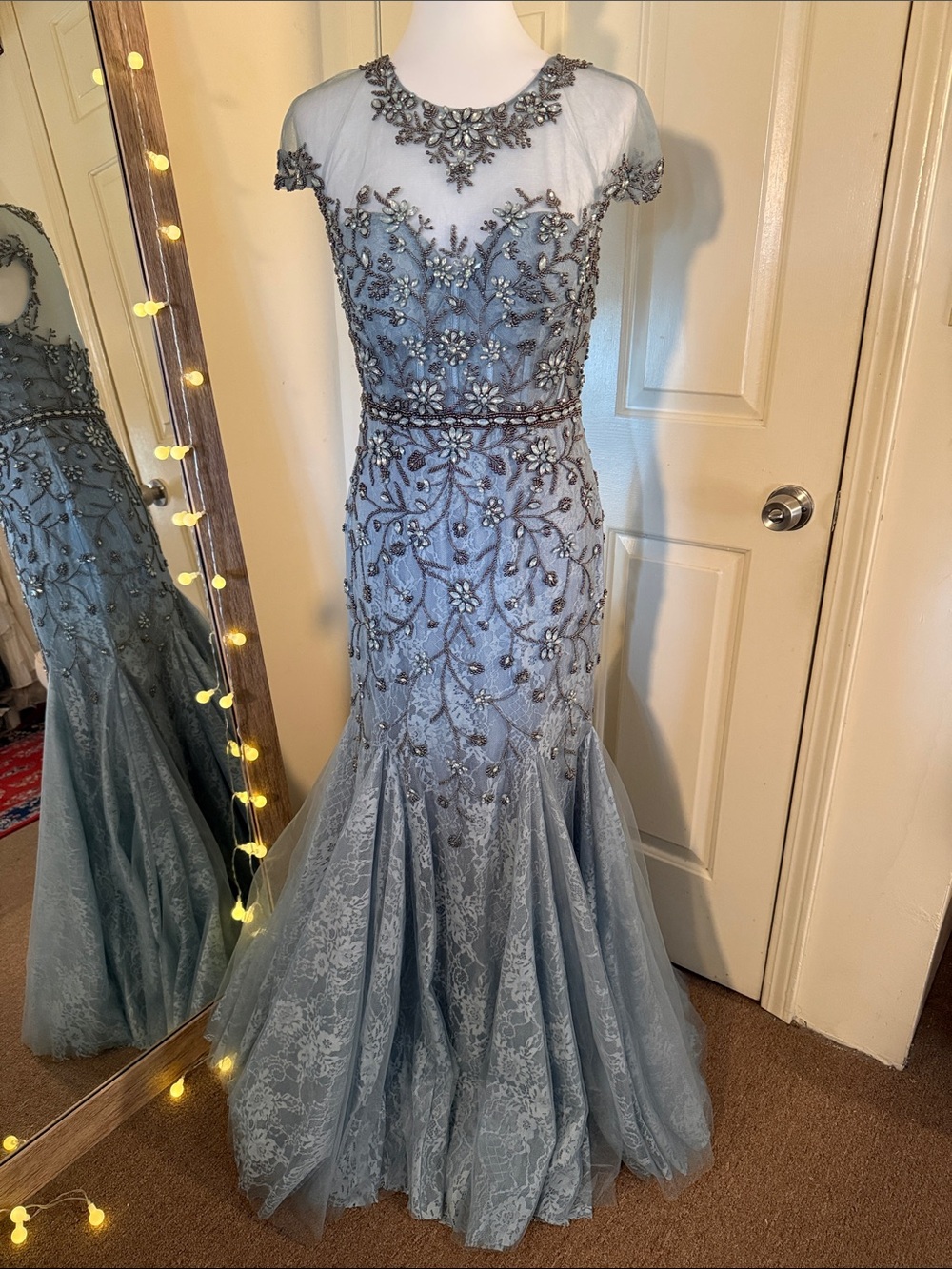 MAC DUGGAL Blue Embellished Lace Evening Gown with Illusion Neckline - Picture 4 of 14